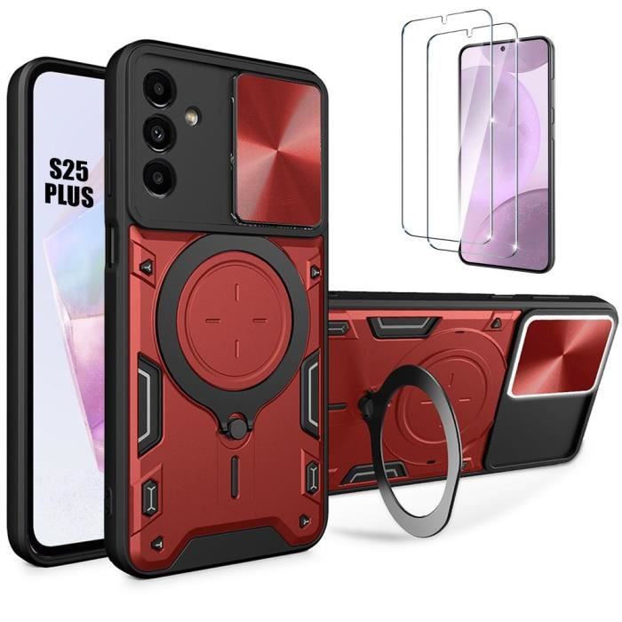 Coque + 2 verres trempés pour samsung galaxy s25 plus (galaxy s25+) avec support métal - rouge