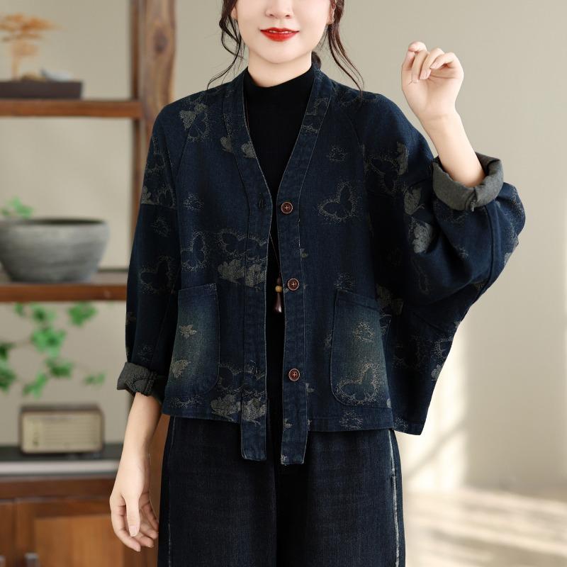 DIMANAF 2026 Autumn Winter Plus Size Women Denim Jackets Coat Casual Long Sleeve Blue Print Floral Loose Buttons Vintage Outwear
