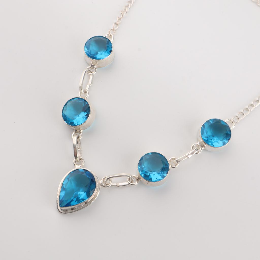 Naturlig Schweizisk Blå Topas Ädelsten Silverhalsband 925 Sterling Silver Handgjort Halsband 16-18' För Henne RN-3-12