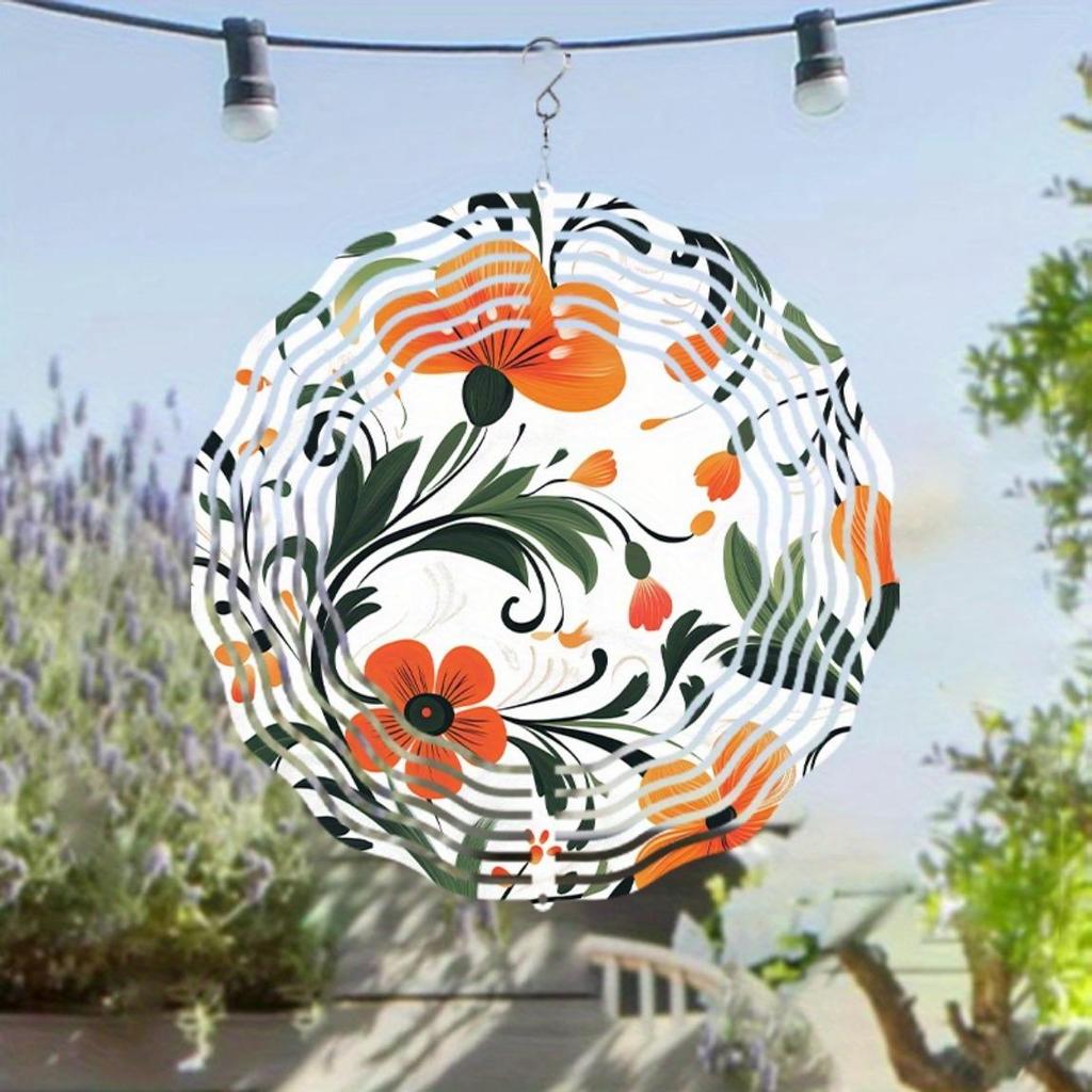 25.4 cm Floral Metal Wind Spinner with 360° Rotating Hooks Vibrant Orange Flowers Green Leaves for Garden Patio Balcony Outdoor Decor