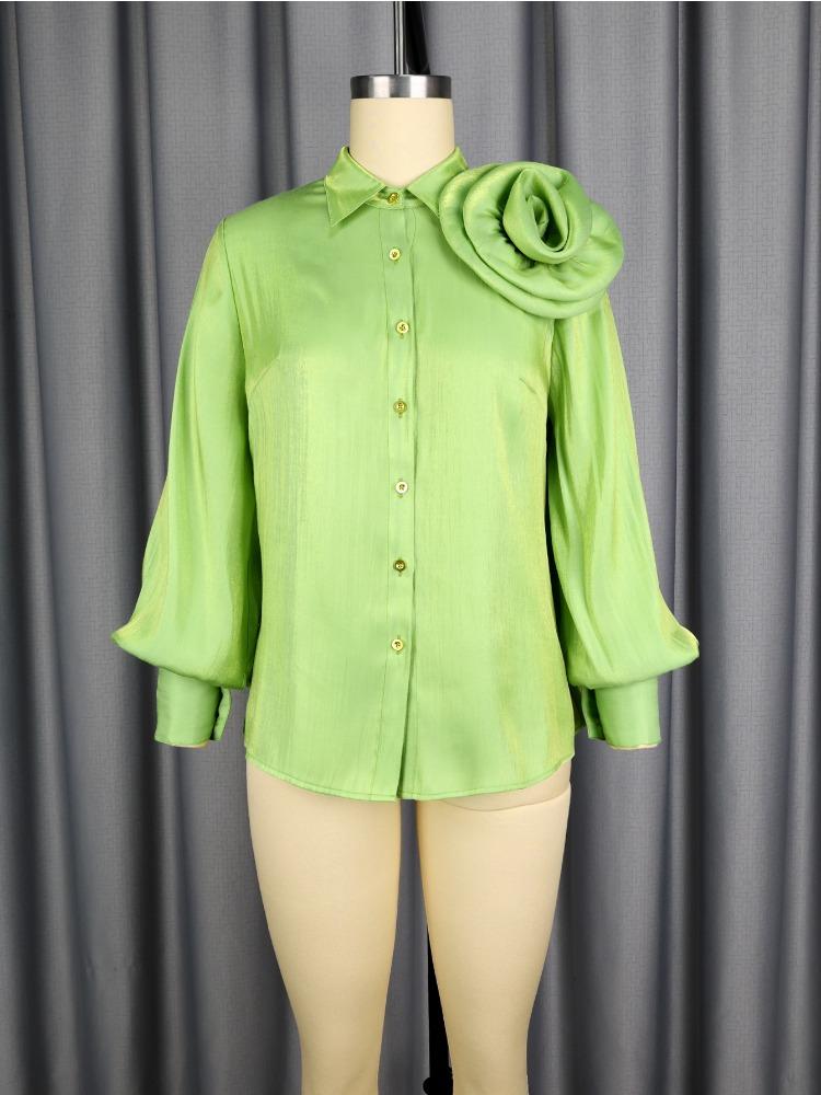 Camisas Brillantes Elegantes para Mujer Cuello Vuelto Manga Larga Abullonada Flores 3D Botones Moda Tops de Fiesta Femenino Ocasión Evento de Cumpleaños Nuevo