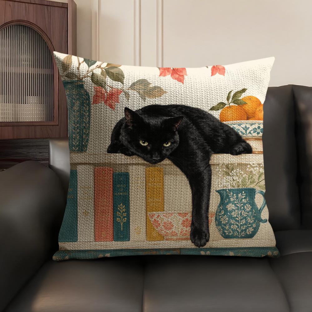 Black Cat Books Cushion Cover Linen Organic Fabric DoubleSided Printing Sofa Breathable Home Decor Gift Pillow Case
