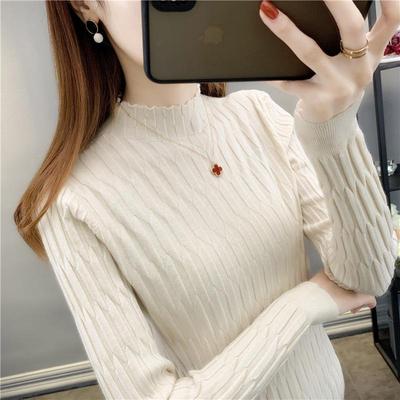 Mulheres Outono Primavera Padrão de Malha Suéteres Pulôveres Meia Gola Alta Gola Interna Cor Sólida Manga Longa Parte de Baixo Top Slim Tamanho Único