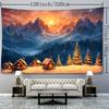 Christmas Mountain Sunset Tapestry with Snowy Forest and Pine Trees - Polyester Graphic Throw for Living Room, Bedroom Decor - Animal Theme Woven Wall
