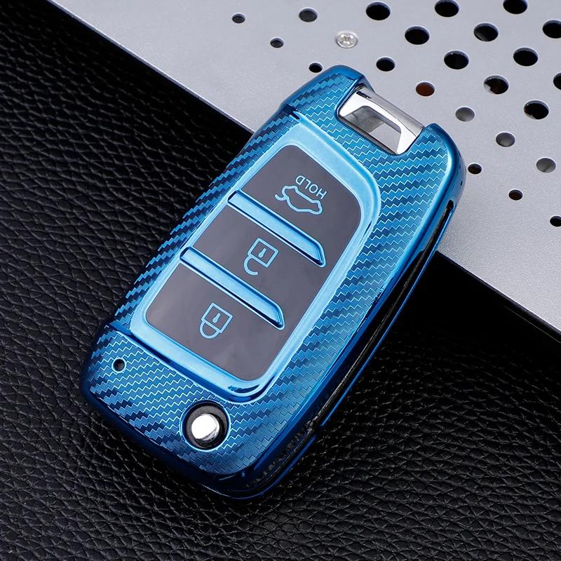 Carbon Fiber TPU Car Flip Key Case Cover for Hyundai Elantra Solaris Tucson I30 I35 I40 KONA Genesis Santa Fe Azera Holder Shell