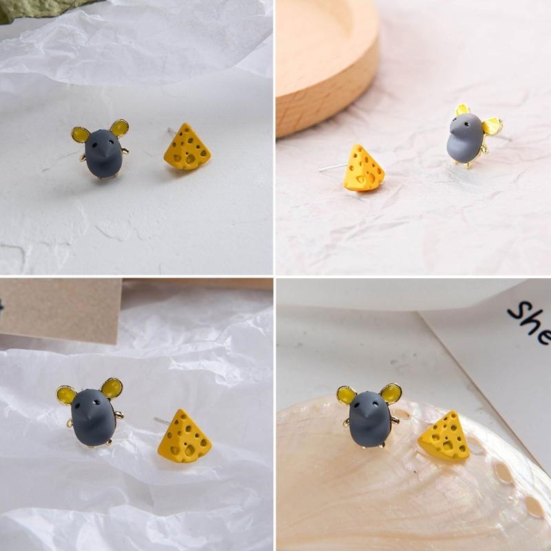 Cute Mouse and Cheese Earrings Adorable Style Asymmetry Earring for Animal Cartoon Ear Clips Earrings Jewelry Ornament
