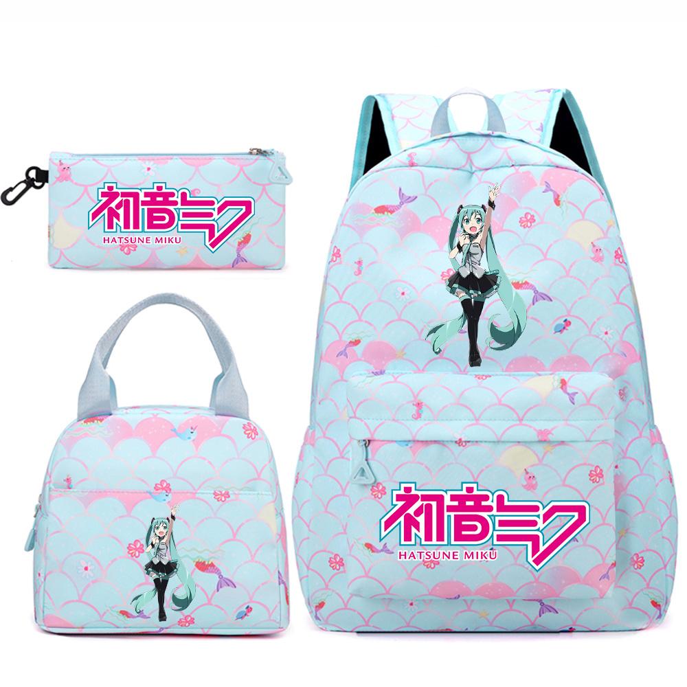 3 Stück/Set Anime Cartoon Hatsune Miku Bedruckter Rucksack Handtasche Federmäppchen für Teenager Schüler Mädchen Jungen Große Kapazität Wasserdicht Schultasche Reisetasche
