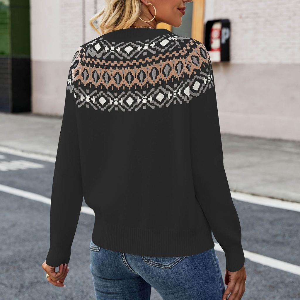Women's Fashion Temperament Vintage Patchwork Knitwear Fashion Large Size Round Neck Sweater
