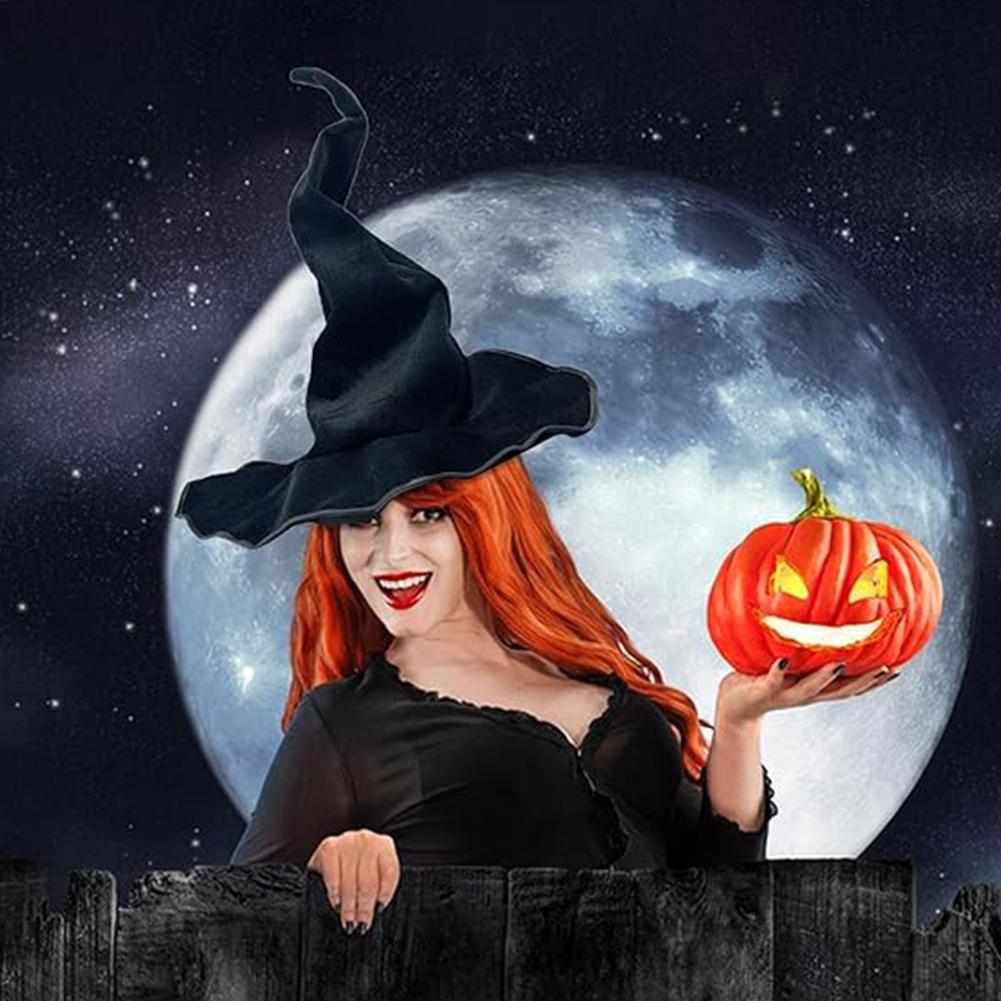 Cadılar Bayramı Cadı Şapkası Geniş Kenarlı Şapka Cadılar Bayramı Partisi Kostüm Aksesuarı için Ayarlanabilir Buruşuk Cadı Şapkası