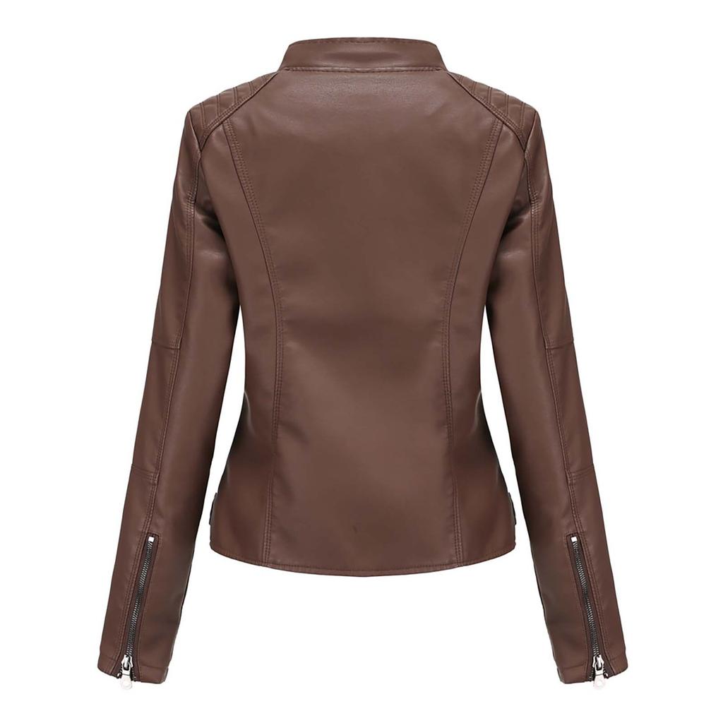 Women's Slim Fitting Jacket Women's Wear, Standing Collar Leather Jacket