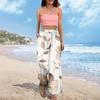 Women's Wide Leg Pants With Elastic Waistband Printing Large Pockets Patchwork Edge, Loose Pants