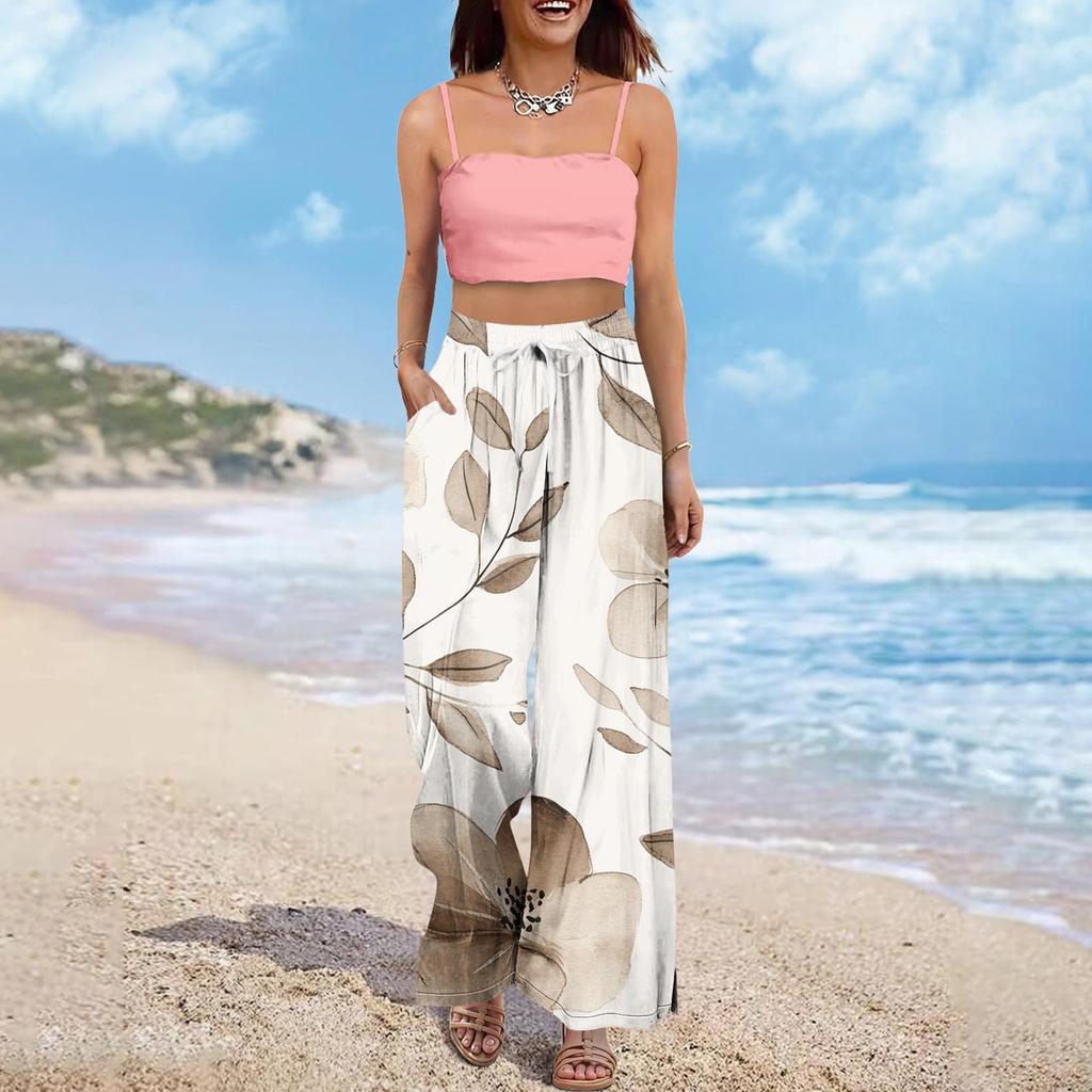 Women's Wide Leg Pants With Elastic Waistband Printing Large Pockets Patchwork Edge, Loose Pants