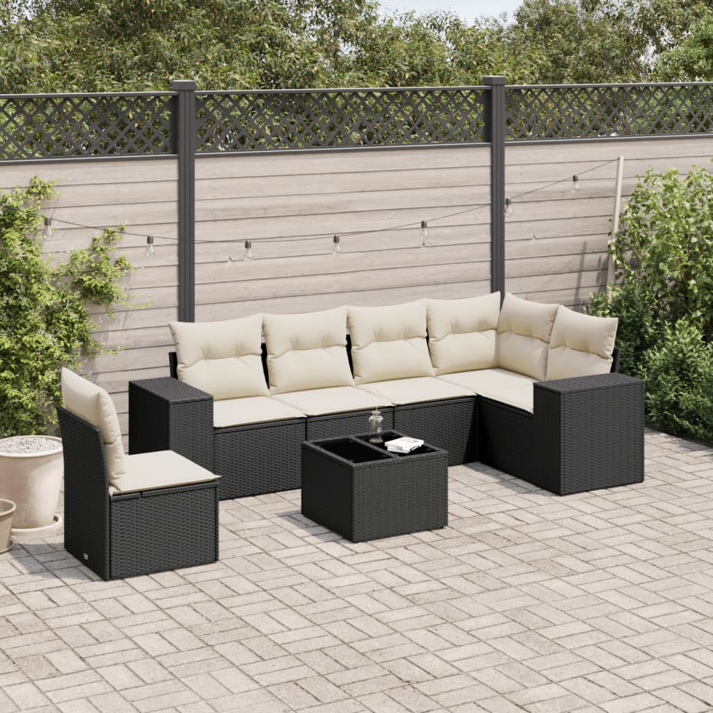 7-teiliges Gartensofa-Set mit Kissen Schwarzes Poly-Rattan