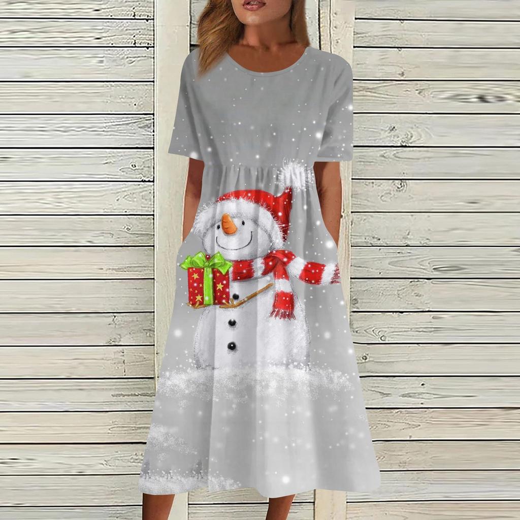 Women's Casual Fashion Christmas Print O-neck Dress