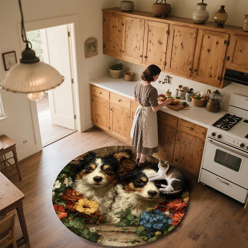 Door Frame Flower Dog,Round Area Rug,Carpet Rug for Living Room Bedroom Sofa Playroom Decor,Non-slip Floor Mat
