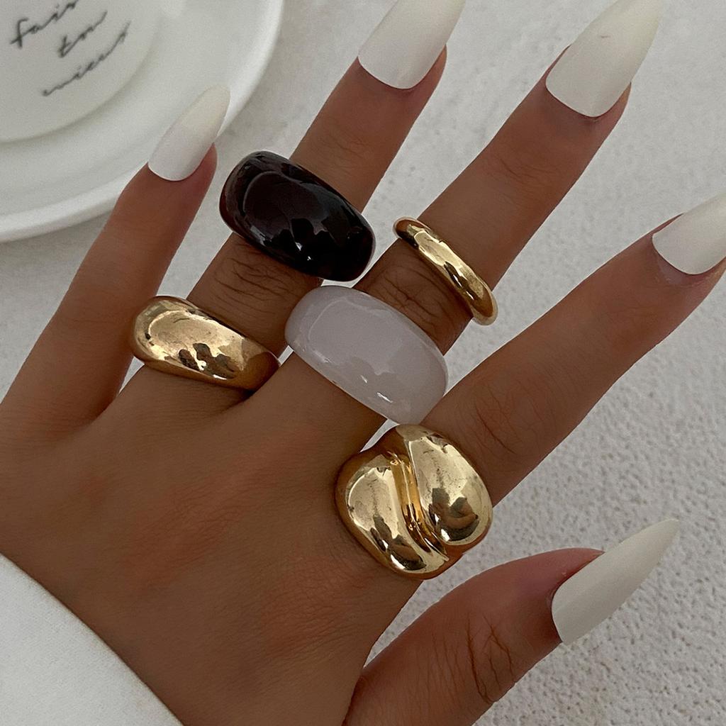 Ingemark 5Pcs/Set Boho Geometric Resin Rings for Women New Trend Punk Gold Color Open Adjustable Ring Couple Jewelry Accessories