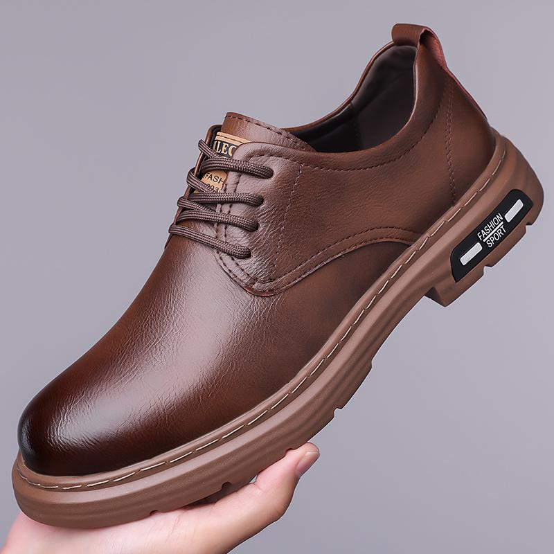 Retro New Men's Leather Shoes Handmade Business Casual Workwear Men Shoes Solid Color Lace Up Soft Sole Breathable Sports Shoes