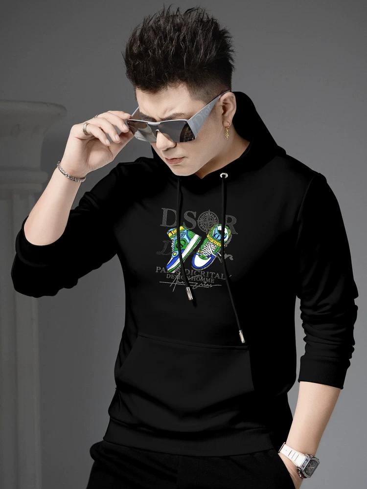 

European Style Autumn Letter Print Hooded Sweatshirt for Men 2025 New Trendy Casual Versatile Pullover Hoodie Top L чёрный