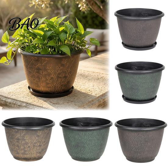 Garden Flower Pots with Trays 12 Inch Thickened for Outdoor Indoor, Plastic Leaf-Pattern Texture Large Planters Planter Drainage Hole & Saucer,