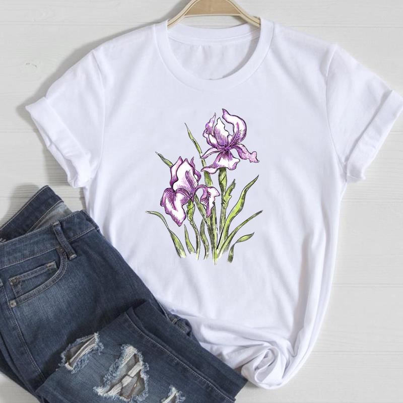 (European Size)90s Fashion Tee Clothing Casual Top Flower Lovely Trend T Shirt Short Sleeve Women Print Lady Female Graphic T-shirt
