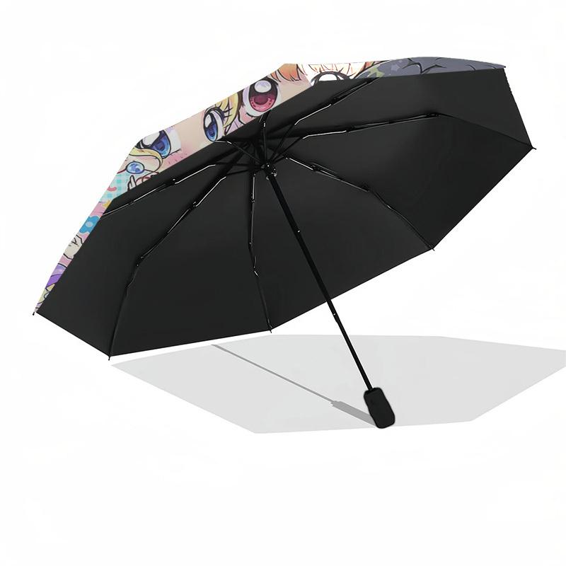 1pc Chibi Characters Automatic Opening/Closing Outdoor Umbrella with Rainbow, Hearts, Flowers, and Cute Design - Perfect for Fans, Travel, Daily