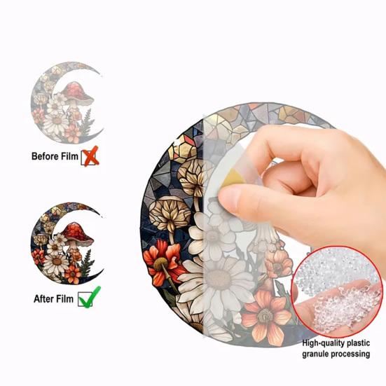 Yousheng Crescent Moon Acrylic Suncatcher with Mushroom Wildflowers, Stained Glass Effect Window Hanging Decor for Indoor Outdoor Home Garden Decor,