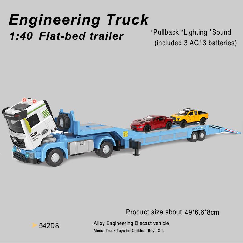 1:40 3Styles Blue Pullback Engineering Flatbed Transport Vehicle Trailer Truck Rescue Car Alloy Toys For Children Boys Gifts