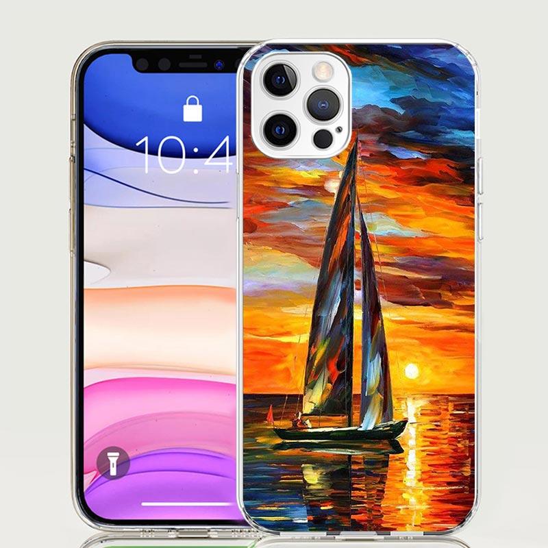 Sailing Boat Sunset Phone Case For Iphone 11 12 13 Mini 14 15 Plus 17 Air 16 Pro Max 16E 7 8 SE Art Customized Coque Capa Case F iPhone 15 Pro Max