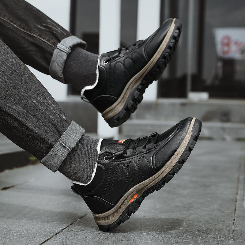 Leather Shoes Casual Sneaker Round Toe Winter Boots for Men Fashion Non-slip Shoes Velvet Men's Casual Shoes Height Increasing