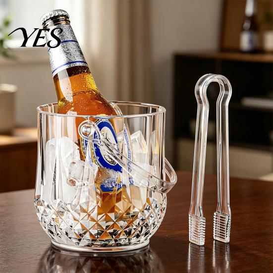 Tragbarer Eiswürfelbehälter mit Griff und Zange, Transparente Diamantschliff-Eiskübel für Bier, Champagner, Wein, Cocktails, Barzubehör Würfelhalter mit Clip