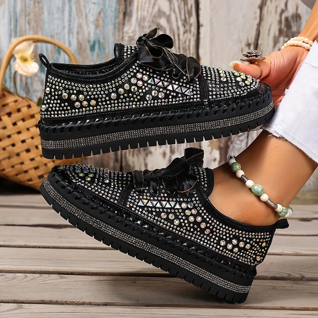 Size 35-44 Fashionable, Versatile, Elegant, Comfortable Lace-Up Chunky Sole Sequined Studded Sneakers