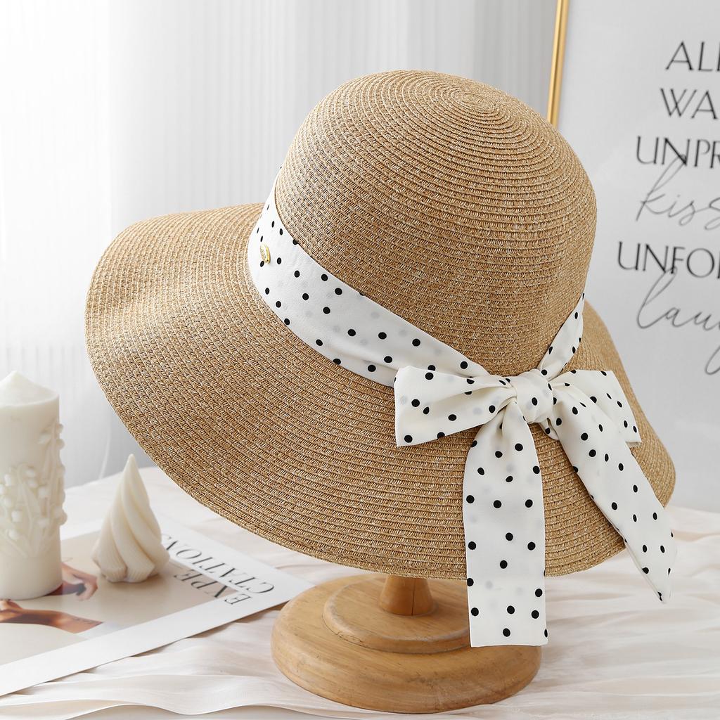 Fashionable Summer Bow Ribbon Hat with Metal Women's Sunhat Wide Brimmed Sunshade