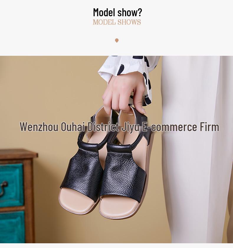 Sandale Plate de Damă Retro Handmade din Piele de Vacă - Confortabile cu Velcro și Vârf Deschis pentru Vară