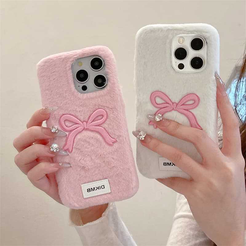 Autumn and winter plush for Apple 17 mobile phone case iPhone16promax bow 15 cute 14 protective case 13