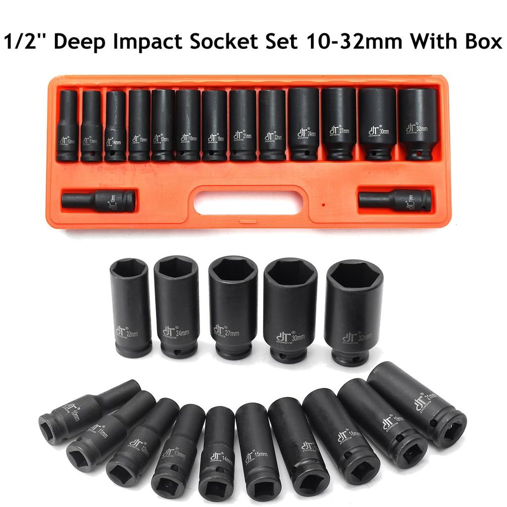 10-32mm 1/2" Inch Drive Deep Impact Metric Socket Set Air Garage Sockets 15pc Black