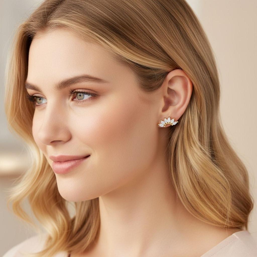 Marquise Fächer Cluster Ohrstecker - 925 Sterling Silber Gelb Vergoldet