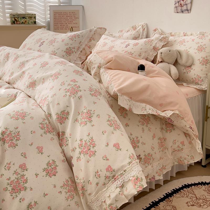 French Pure Cotton Bedding Four-piece Set Skin-friendly Comfortable Breathable Bed Sheet Quilt Cover Pillowcase