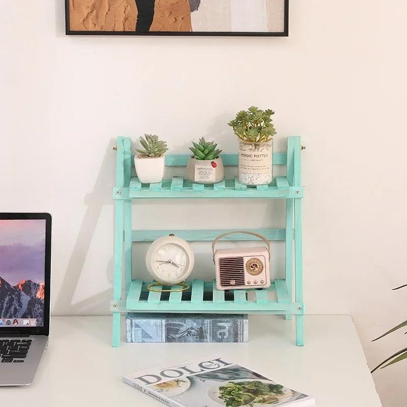 Wooden Desktop Storage Shelf 2-Tiers Foldable Multi-functional Trapezoidal Desk Display Rack Office Storage Rack Flower stand
