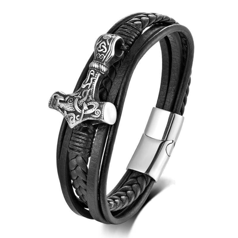 Stainless Steel Leather Woven Bracelet Men Nordic Viking Style Geometric Design Polished Finish