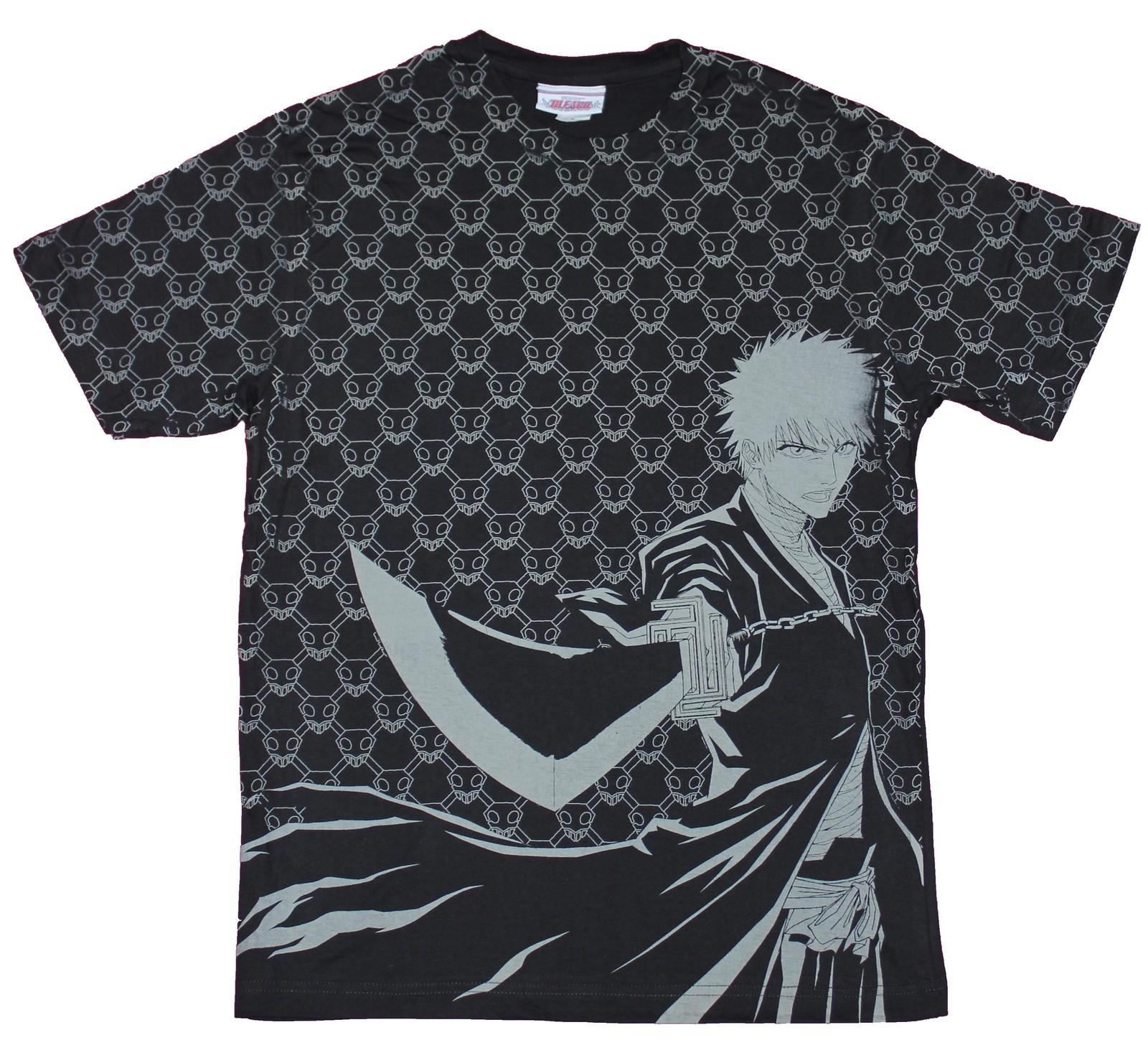 Bleach Mens T-Shirt - Ichigo Attacking Side Print Skull Logo Allover S
