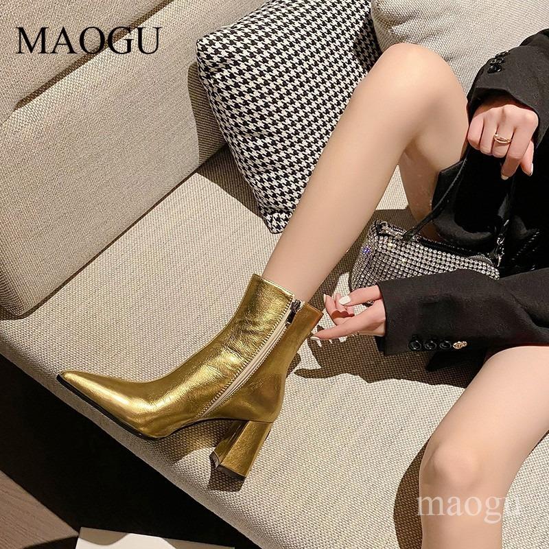 Silver/Gold Women's Pointed Toe Block Heel Ankle Boots Side Zipper Shiny Pu Leather Fashion Short Boots Botines De Mujer Size 35