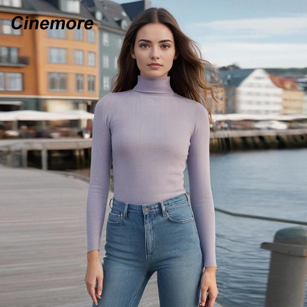 Cinemore Women's Sweater Solid Oversize Casual Pullovers Shirt Warm High Neck Basic Knitted Jumper Cashmere Bottoming Top