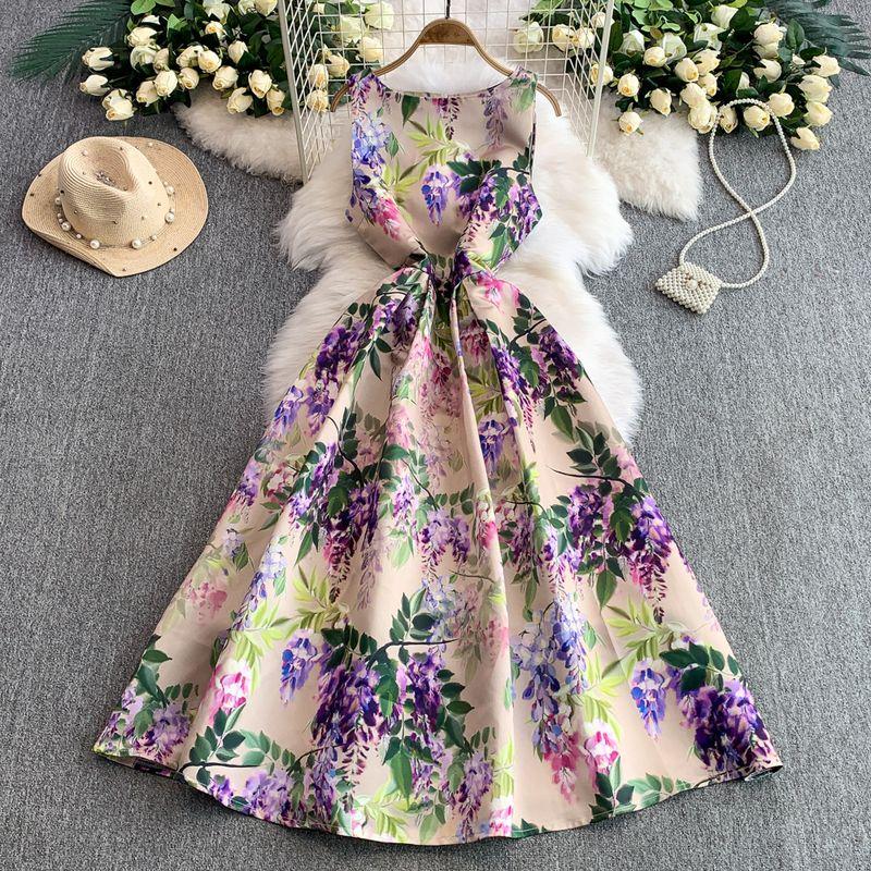 

High end Temperament Sleeveless Formal Dress Dress Women Summer New High Sense Print Waist Hugging Slimming Puffy Big Hemline Long dress Light pink M