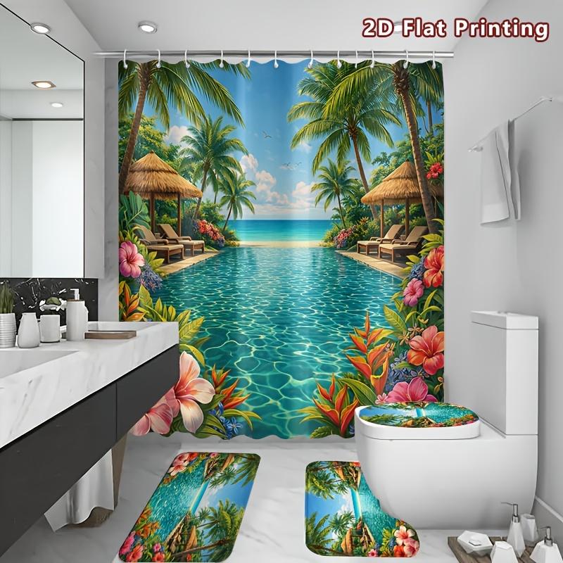 4Pcs Shower Curtain Set with Non-Slip Bath Mat, Toilet Lid Cover, Contour Rug & 12 Hooks, Bathroom Decor