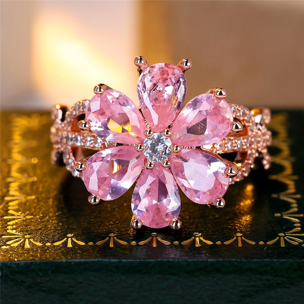 Vintage Female Pink Crystal Jewelry Cute Rose Gold Color Wedding Flower Rings For Women Luxury Engagement Valentines Day Gift