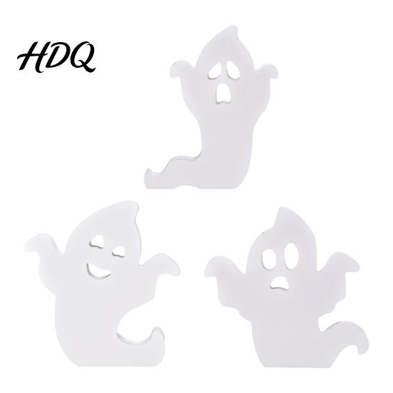 Small Ghost Statue for Shelf Cute Halloween Wooden Table Sign, Spooky White Standing Photo Prop Party Block Sign Holiday Tiered Tray Centerpiece,