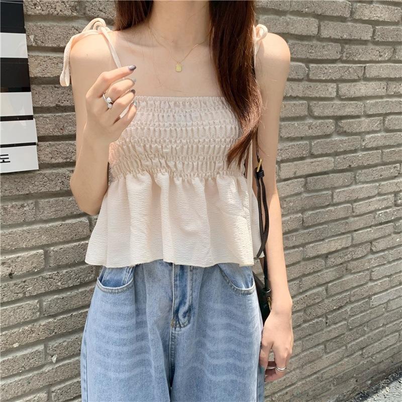 Beautiful Summer Internet Celebrity New Women's Sweet Bubble Pleated Lace-up Suspender Vest Top