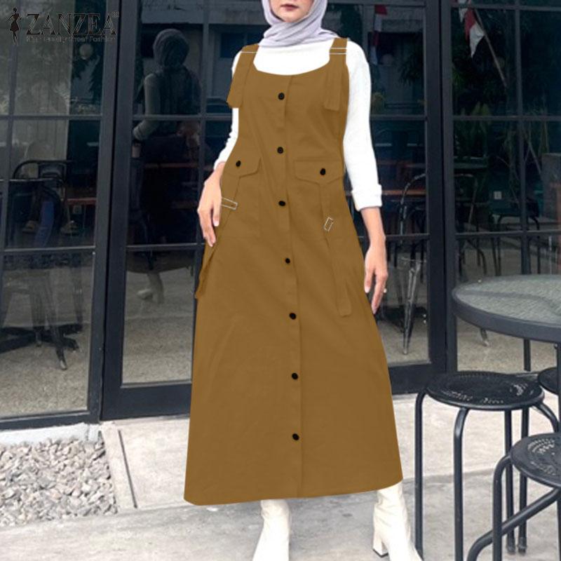 ZANZEA Women Casual U Neck Loose Sleeveless Straps Overalls Dress