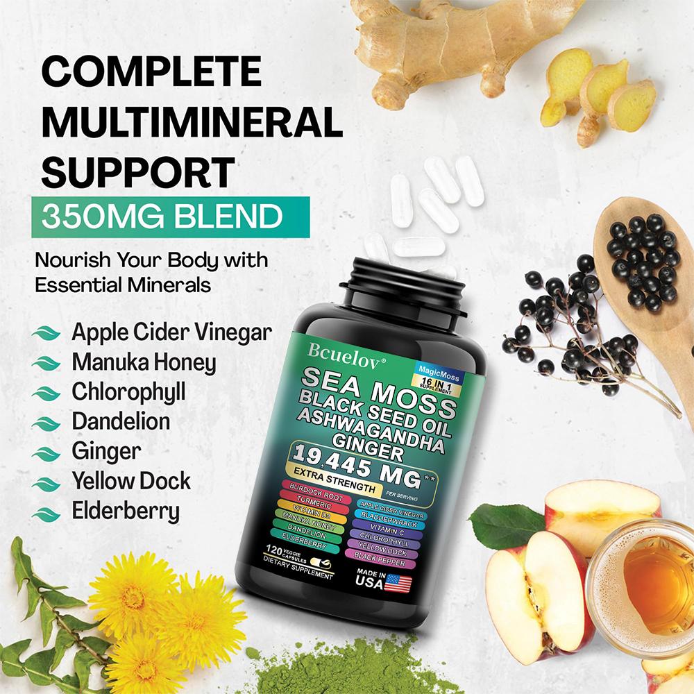 Bcuelov Seaweed Capsules Seaweed Black Seed Oil Turmeric Boosting Energy 120 Vegetarian Capsules