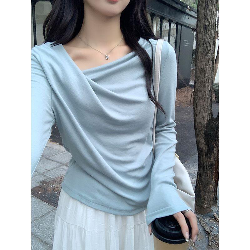 Spring and Autumn Gentle Style Slim Long Sleeve T-Shirt Women's Irregular Twist Slim Top